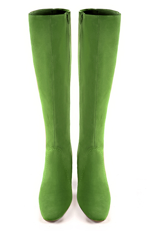 Grass green women's feminine knee-high boots. Round toe. High block heels. Made to measure. Top view - Florence KOOIJMAN